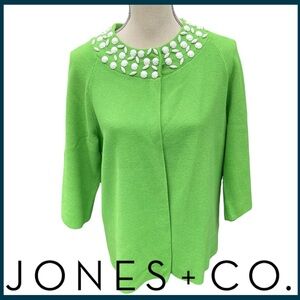 Jones & Co. Green White Beaded Neck Top Snap Cotton Blend Cardigan Sweater (M)